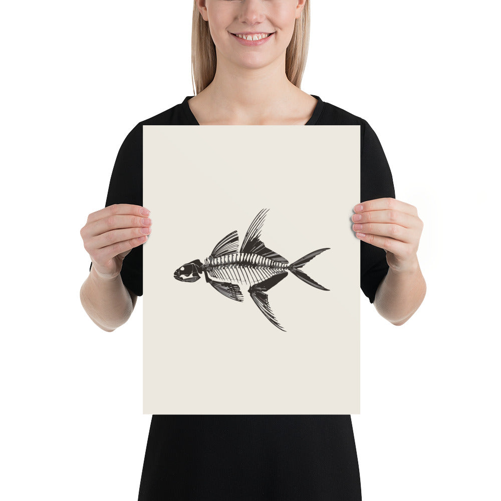 An ink line art illustration of an articulated Knightia eocaena fossil skeleton in lateral profile, printed on an art print. 12″×16″ size.