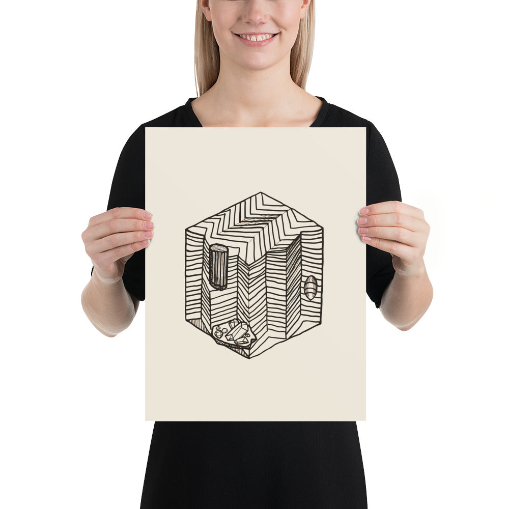 Minimalist line drawing of a square geological block showing sharp-angled chevron folds on an art print. 12″×16″ size.