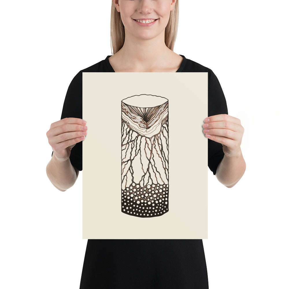 A geological line art diagram of a vertical drilled basalt core sample printed on an art print. 12″×16″ size.