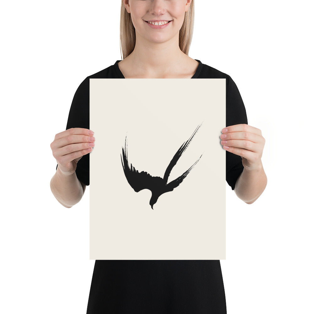 A minimalist three-stroke sumi-e hawk design with dry-brush texture printed on an art print. 12″×16″ size.