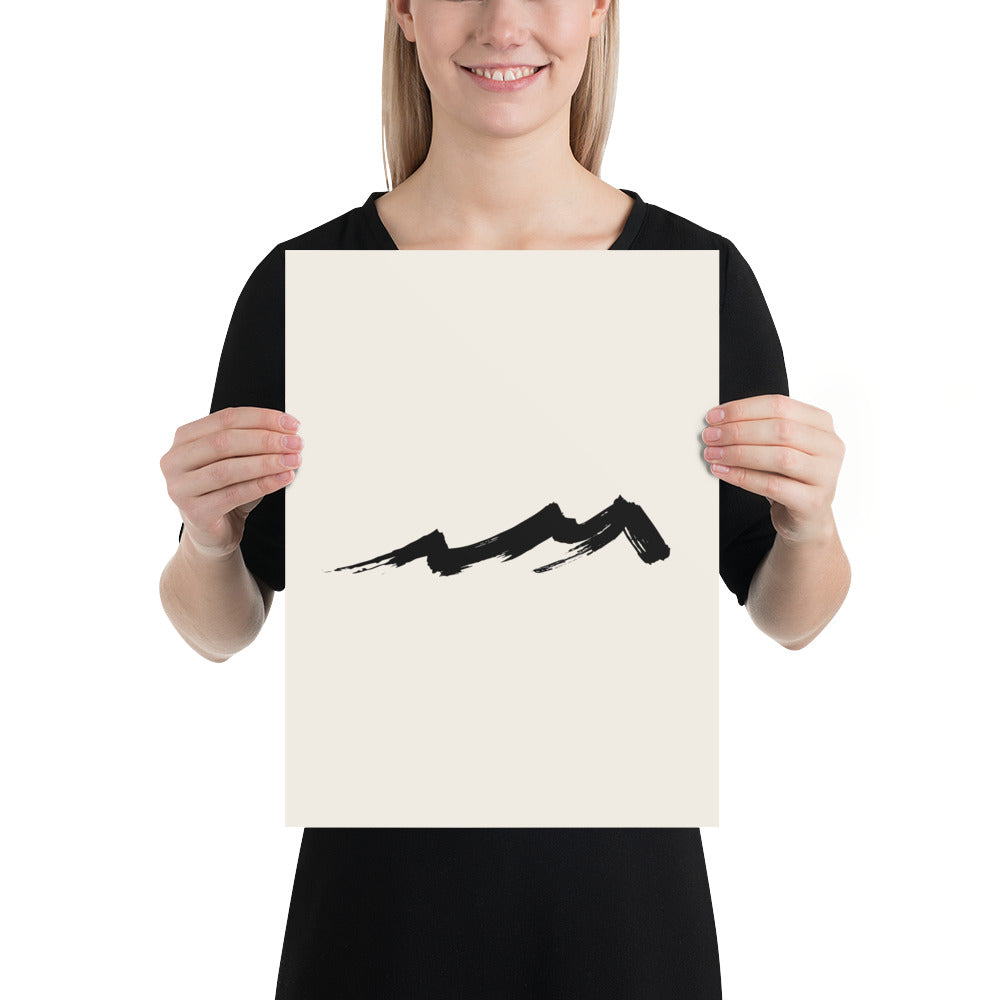 A sharp jagged spur mountain sumi-e design printed on an art print. 12″×16″ size.