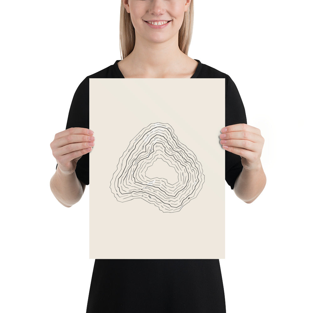 A minimalist topographic contour map design depicting a karst uvala depression on an art print. 12″×16″ size.