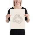 A minimalist topographic contour map design depicting a karst uvala depression on an art print. 12″×16″ size.