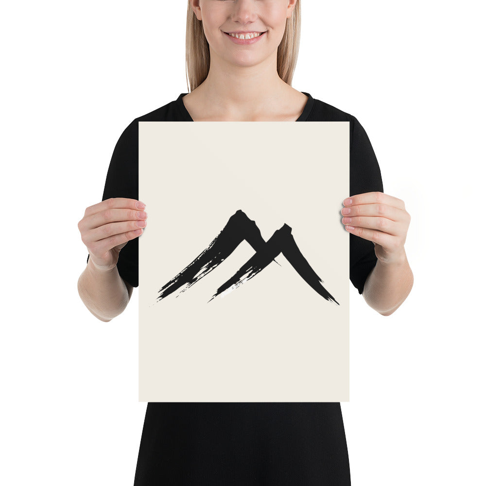 A sharp, two-stroke sumi-e mountain peak design printed on an art print. 12″×16″ size.