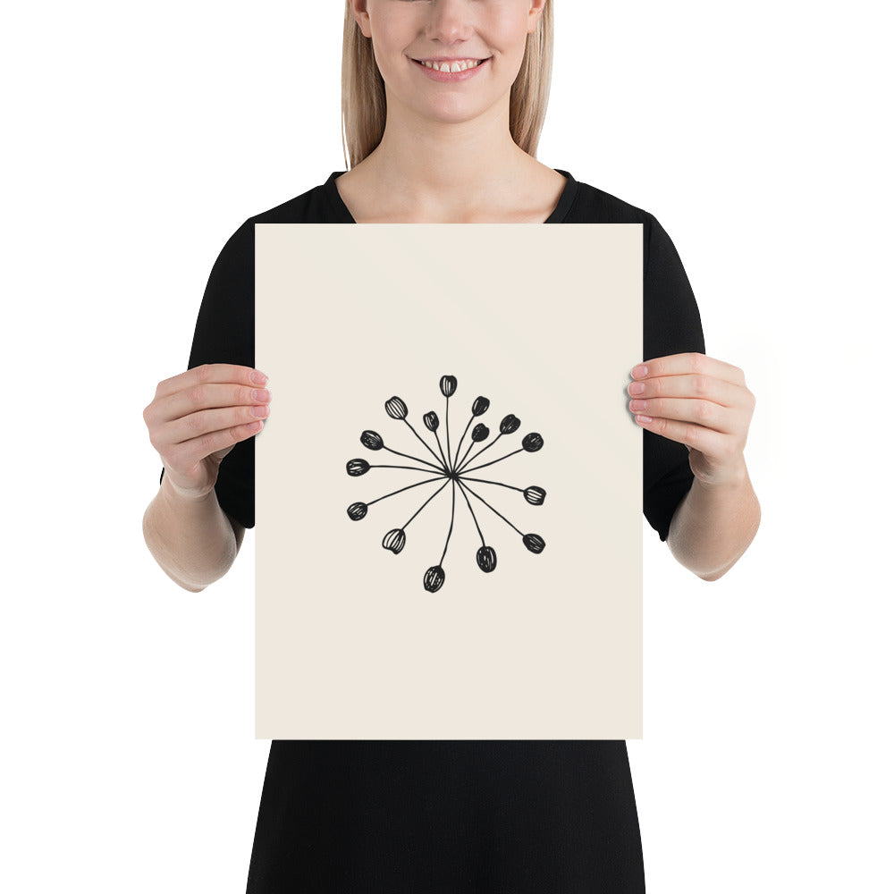Minimalist engraving-style line art of a fennel seed umbellule printed on an art print. 12″×16″ size.