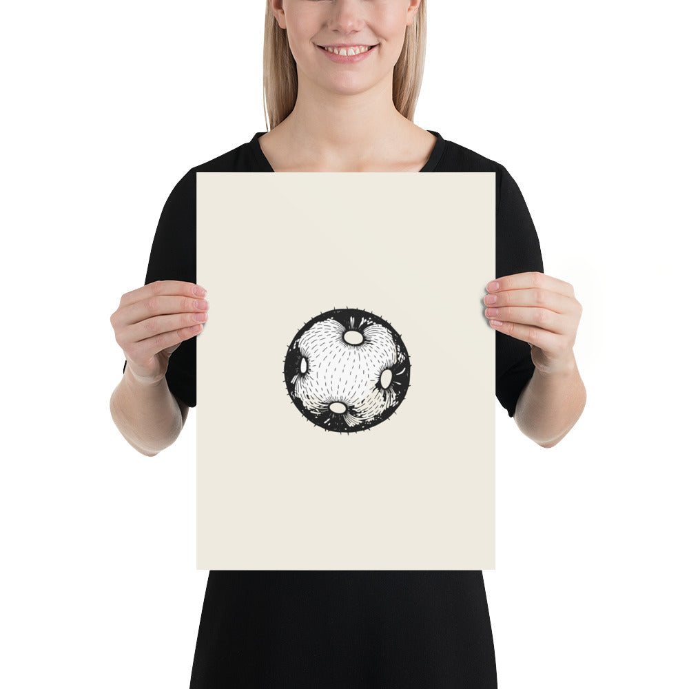 A minimalist micrographic drawing of a single spheroidal Cucurbita pollen grain printed on an art print. 12″×16″ size.