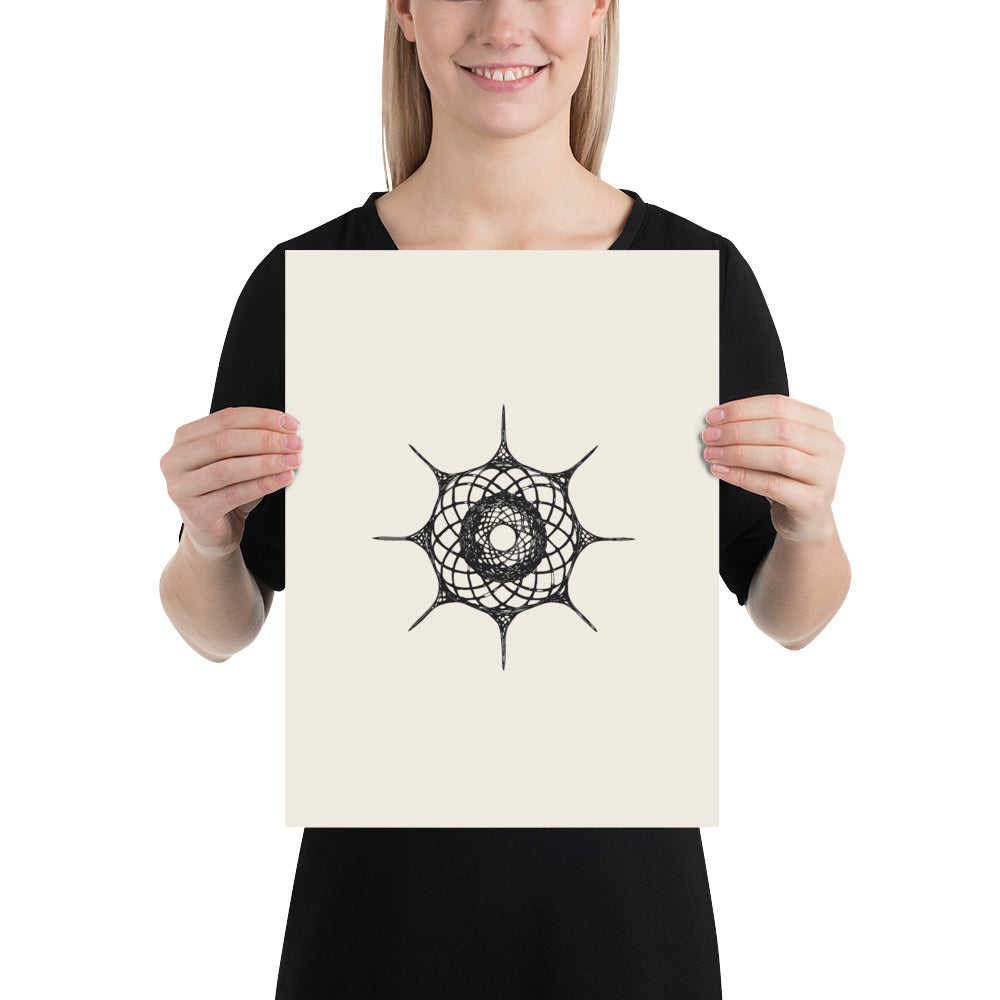 Minimalist line drawing of a Hexacontium radiolarian skeleton with six radial spines printed on an art print. 12″×16″ size.