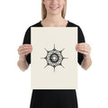 Minimalist line drawing of a Hexacontium radiolarian skeleton with six radial spines printed on an art print. 12″×16″ size.