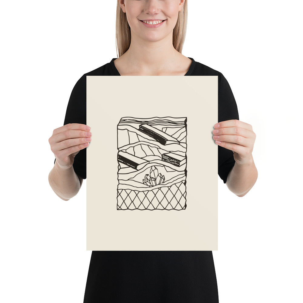 A minimalist line art design of a flat Carboniferous lycopod bark fossil plate printed on an art print. 12″×16″ size.