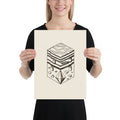 An orthographic line drawing of a calcite scalenohedron crystal printed on an art print. 12″×16″ size.