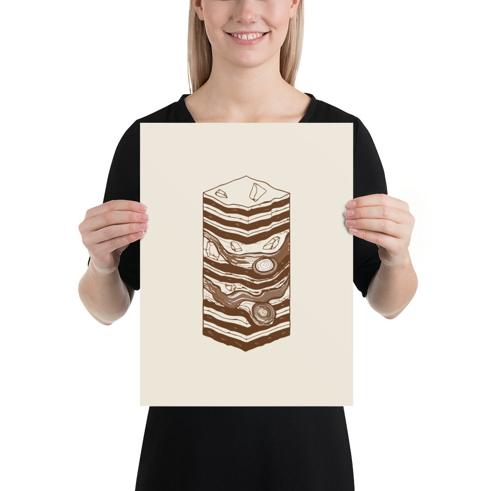 A vertical stratigraphic diagram of lake-bed varves printed as minimalist line art on an art print. 12″×16″ size.