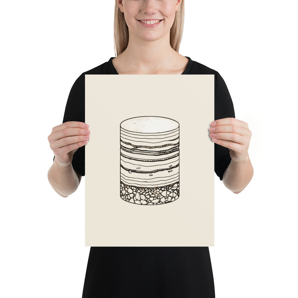 The stippled illustration of a vertical drilled core sample with graded bedding on an art print. 12″×16″ size.