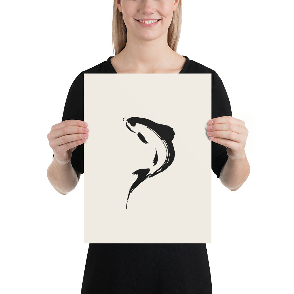 A minimalist sumi-e brushstroke of a rising trout back and tail printed on an art print. 12″×16″ size.