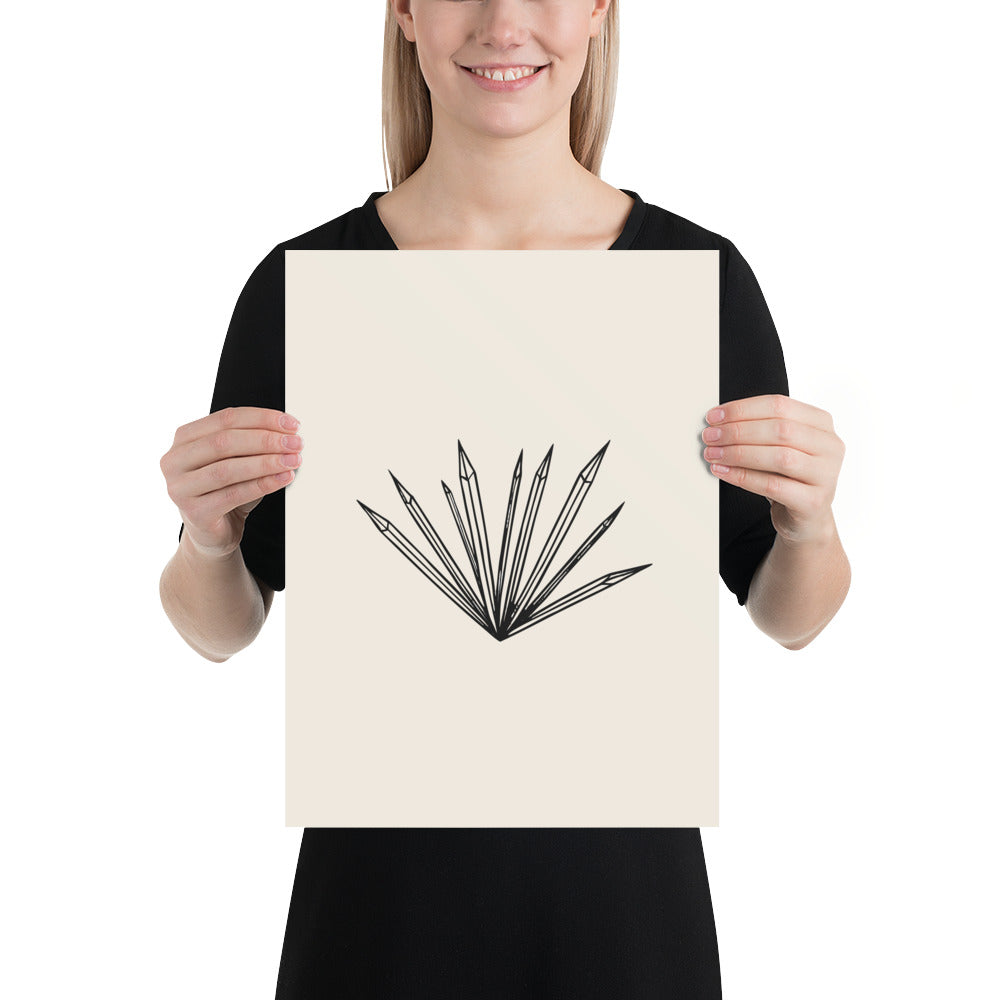 A minimalist print of radiating hoarfrost crystal needles on an art print. 12″×16″ size.