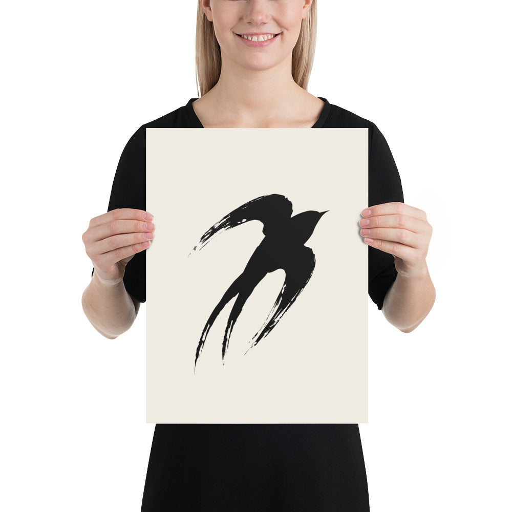 A minimalist sumi-e ink painting of an ascending swallow printed on an art print. 12″×16″ size.