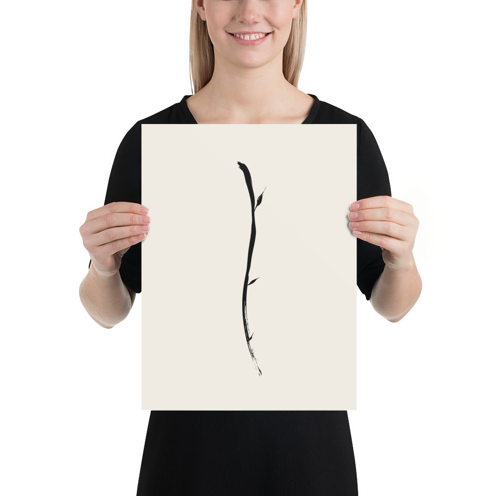 Minimalist sumi-e ink design of a single drooping willow twig printed on an art print. 12″×16″ size.
