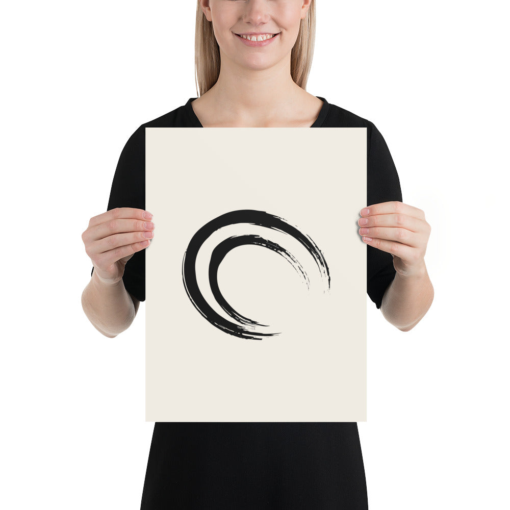 A double-layered crescent enso sumi-e painting printed on a minimalist art print. 12″×16″ size.