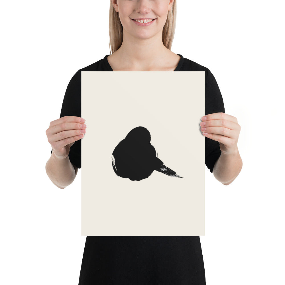 A minimalist resting sparrow printed in black sumi-e ink on an art print, showing a single wet brushstroke body. 12″×16″ size.