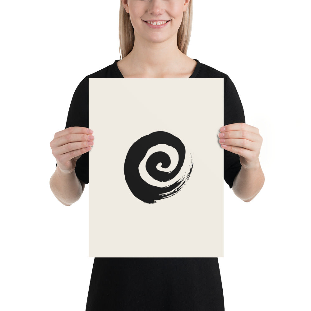 A minimal sumi-e spiral representing a coiled snail shell printed on an art print. 12″×16″ size.