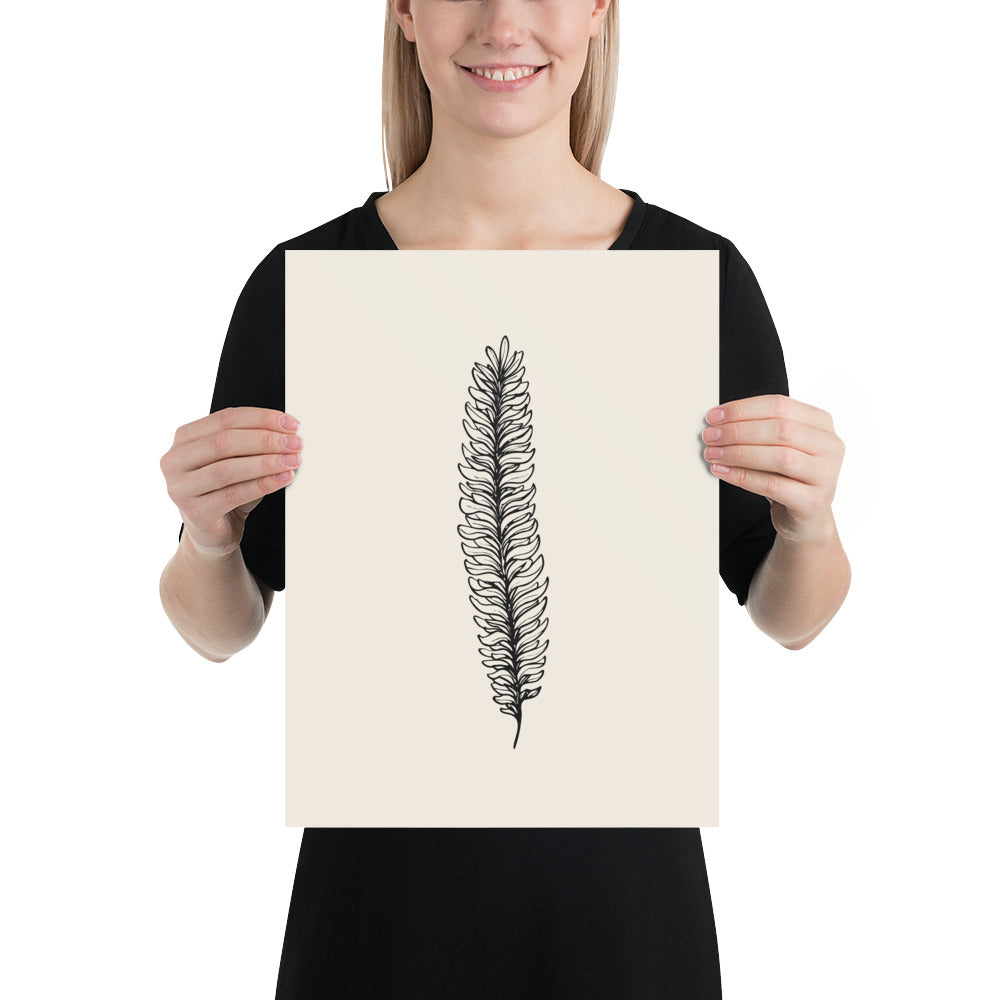 A botanical illustration of a running clubmoss vegetative branchlet printed on an art print. 12″×16″ size.