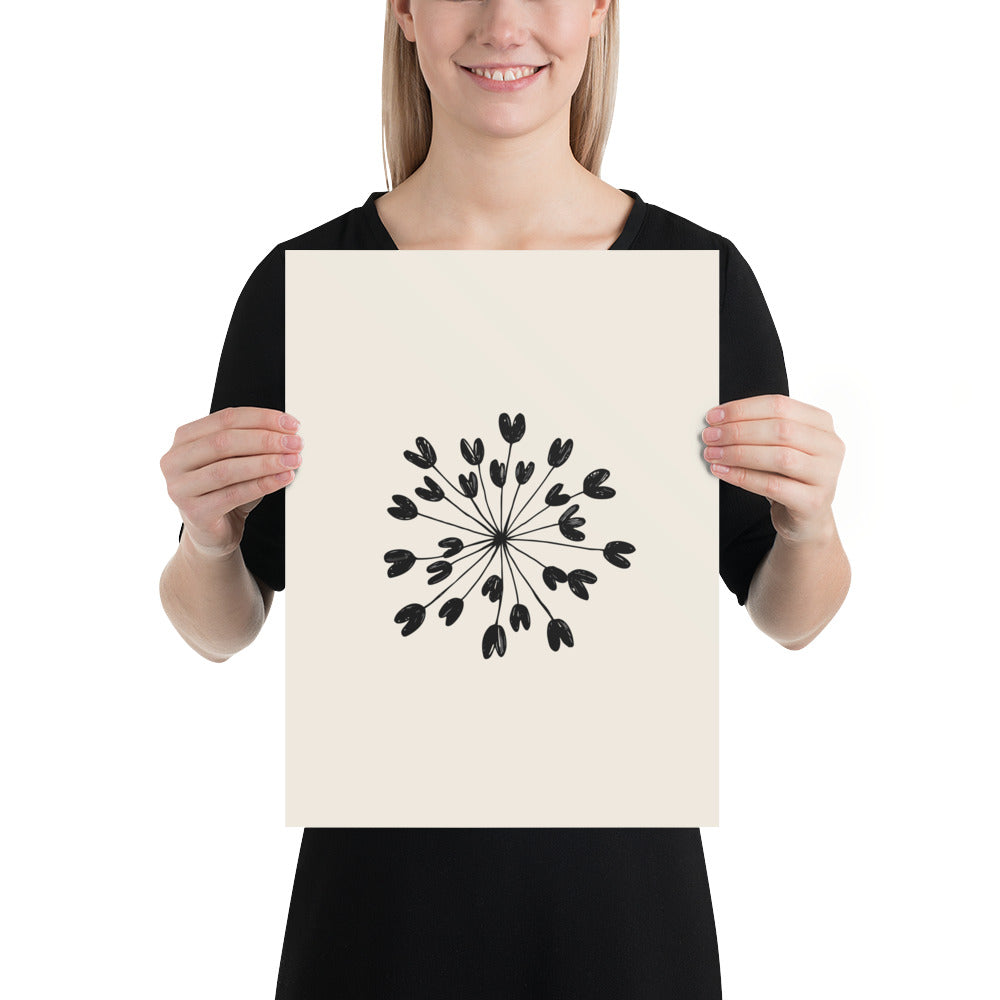 Fine hairline drawing of a lovage seed umbellule with radiating stems and ribbed seeds on an art print. 12″×16″ size.