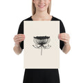 A detailed fine-line botanical illustration of a contracted wild carrot umbel printed on a vertical art print. 12″×16″ size.