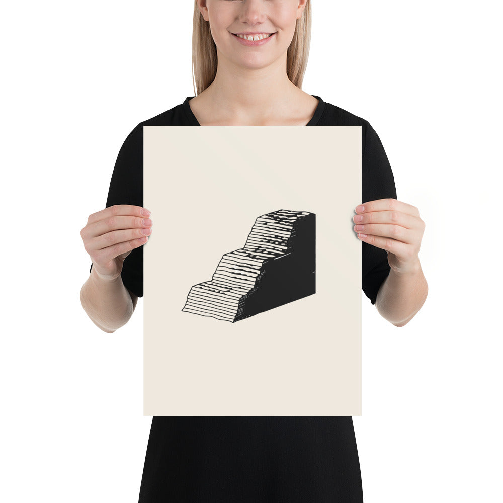 A detailed scientific elevation profile of a fault scarp in black line art on an art print. 12″×16″ size.