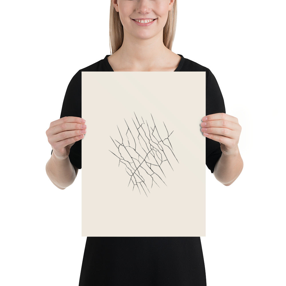 A plan-view schematic of glacier tension crevasse patterns in sharp, tapered lines printed on an art print. 12″×16″ size.