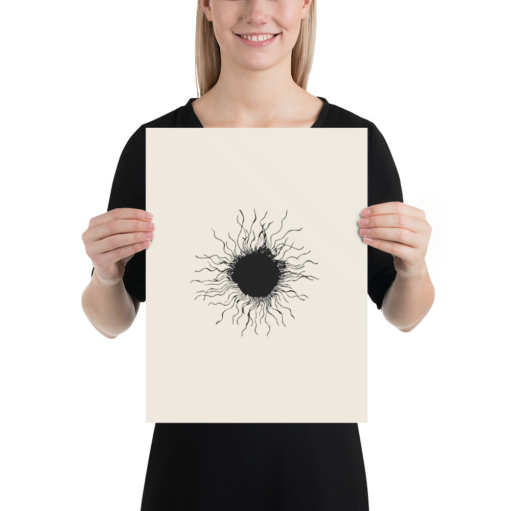 An ink-drawn diagram of a solar sunspot with radiating penumbra filaments printed on an art print. 12″×16″ size.