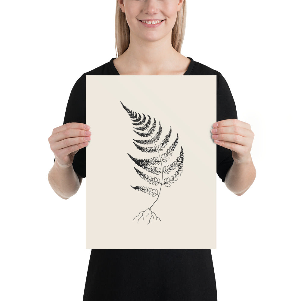 A wood fern engraving featuring detailed root structures and arched fronds, printed on an art print. 12″×16″ size.