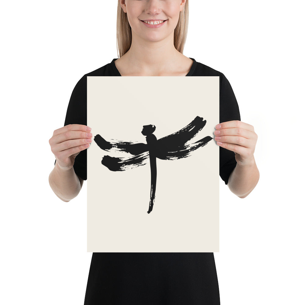 A minimalist dragonfly sumi-e ink design printed on a fine art print. 12″×16″ size.