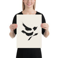 The minimal sumi-e design of a diving sparrow printed on a white art print. 12″×16″ size.