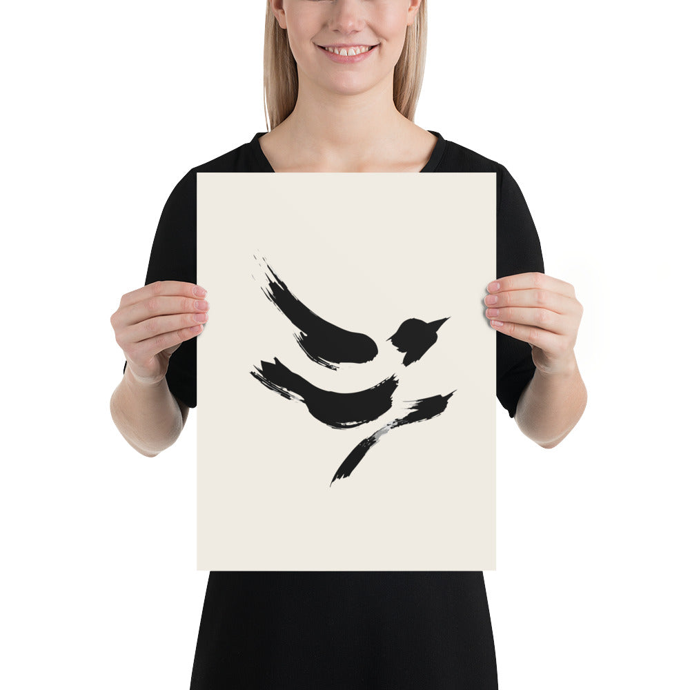 The minimal sumi-e design of a diving sparrow printed on a white art print. 12″×16″ size.