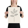 A minimal black ink illustration of a single eucalyptus stem with four ovate leaves on an art print. 12″×16″ size.