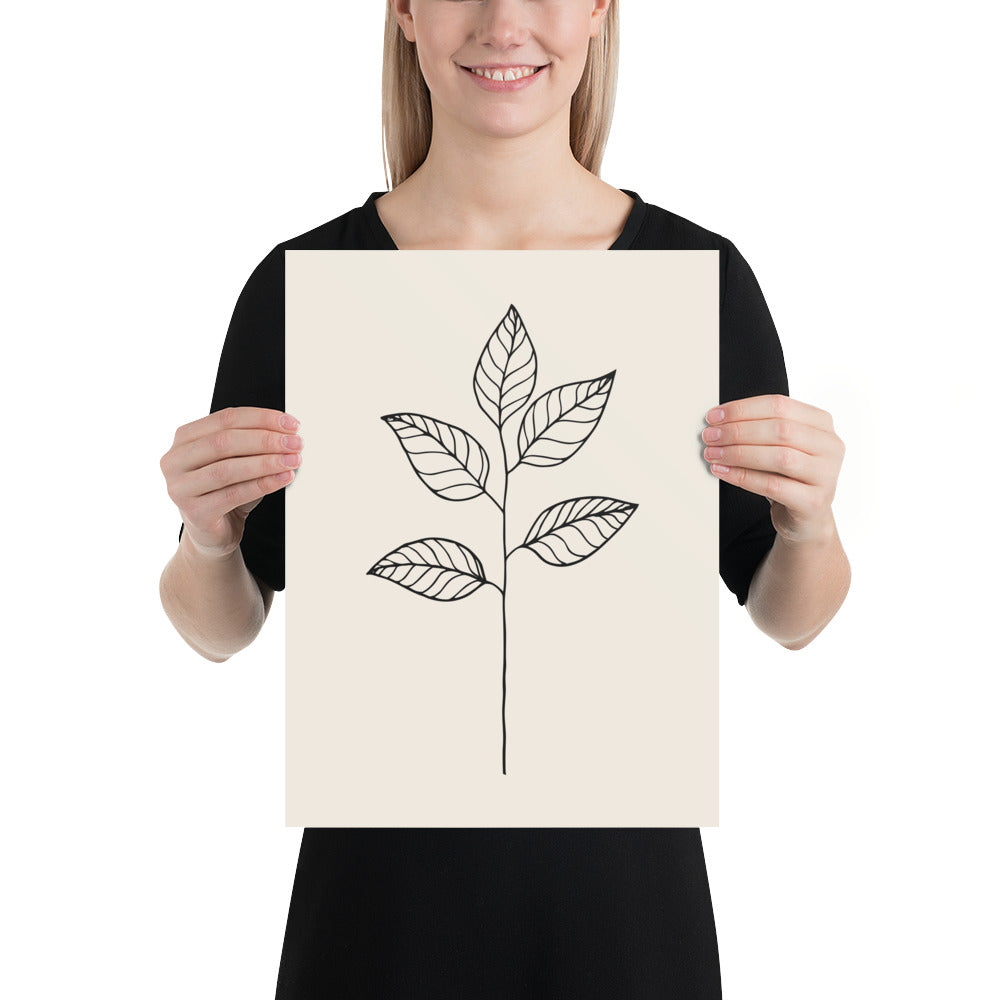 A minimal black ink illustration of a single eucalyptus stem with four ovate leaves on an art print. 12″×16″ size.