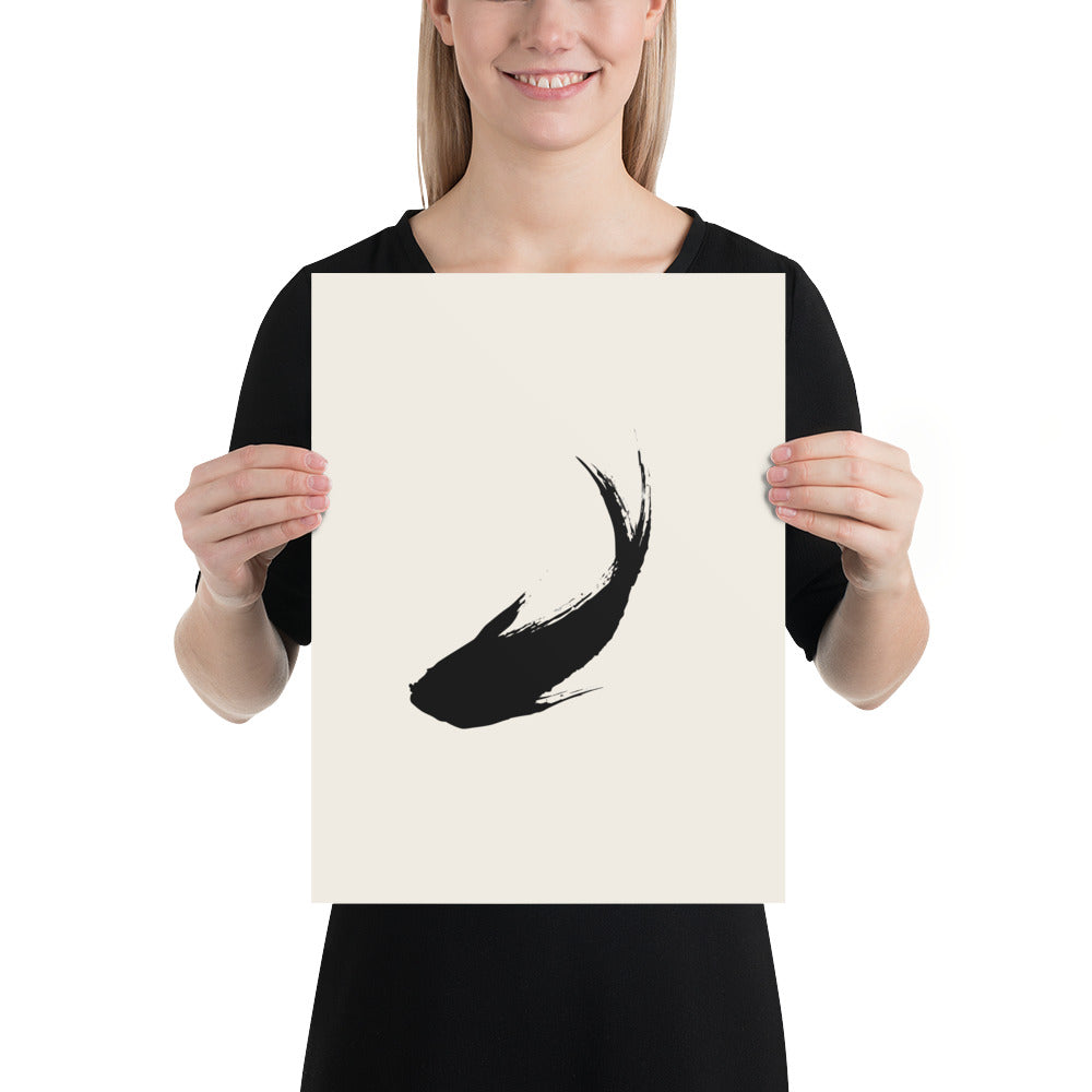 A minimal sumi-e ink brush painting of a single ascending carp printed on a premium art print. 12″×16″ size.