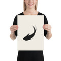 A minimal sumi-e ink brush painting of a single ascending carp printed on a premium art print. 12″×16″ size.