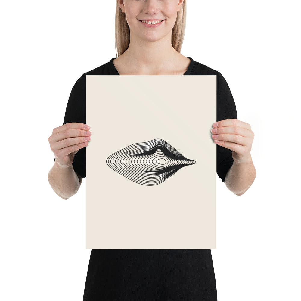 An engraving-style topographic contour design forming an asymmetric eye printed on an art print. 12″×16″ size.
