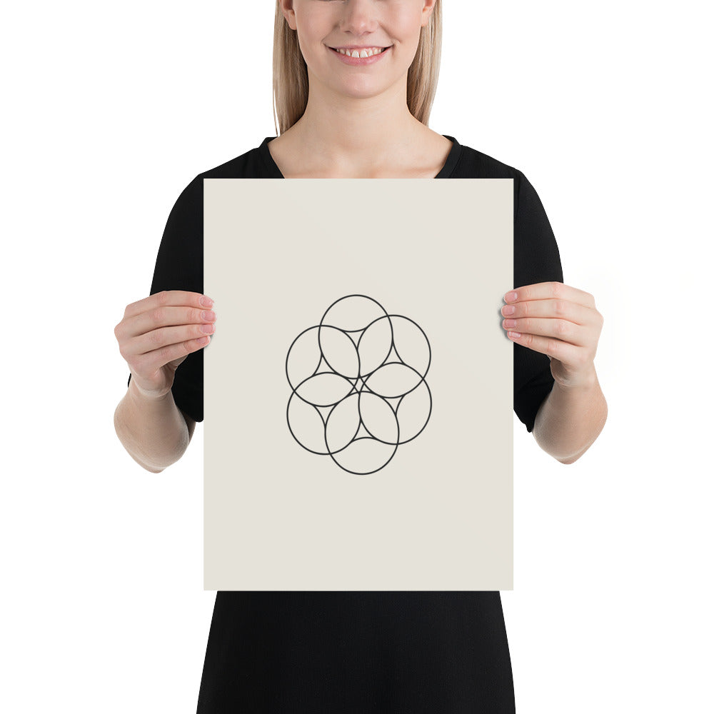 An orthographic projection of hexagonal close packing spheres in wireframe circles on an art print. 12″×16″ size.