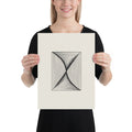 A systematic vector print of parallel vertical lines distorted by a central spiral on an art print. 12″×16″ size.