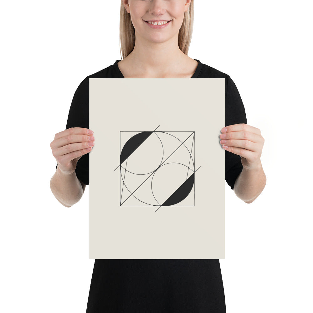 A vector line art design of intersecting crescent-shaped lunettes over a right triangle on an art print. 12″×16″ size.