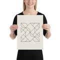 A vector line drawing of a Heesch tiling pattern with interlocking irregular polygons on an art print. 12″×16″ size.