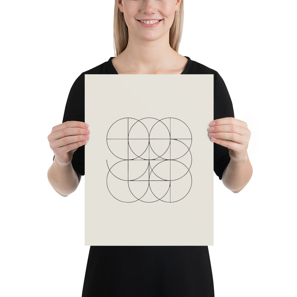 A minimalist geometric print of intersecting orthogonal circular arcs forming a bipolar grid on an art print. 12″×16″ size.