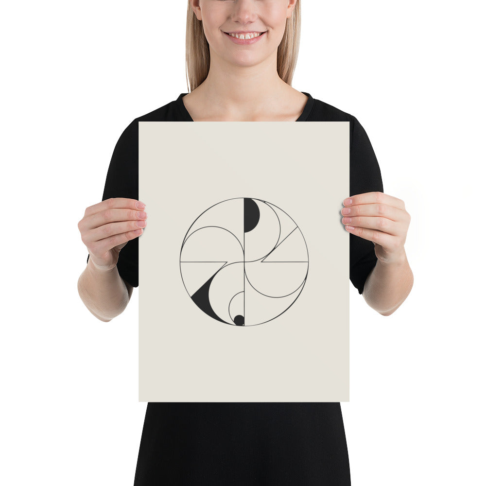 Hairline-weight vector illustration of dual overlapping spiric torus lobes printed on a minimalist art print. 12″×16″ size.