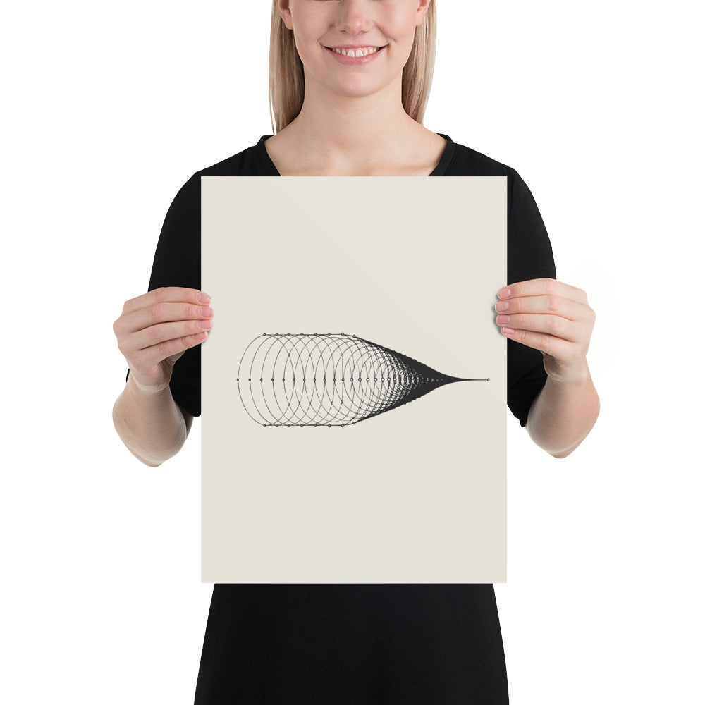 A horizontal vector path displaying a frequency-modulated sine wave with systematic compression on an art print. 12″×16″ size.