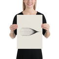 A horizontal vector path displaying a frequency-modulated sine wave with systematic compression on an art print. 12″×16″ size.