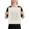 A continuous Pythagorean tiling pattern of alternating small and large squares in hairline strokes printed on an art print. 12″×16″ size.