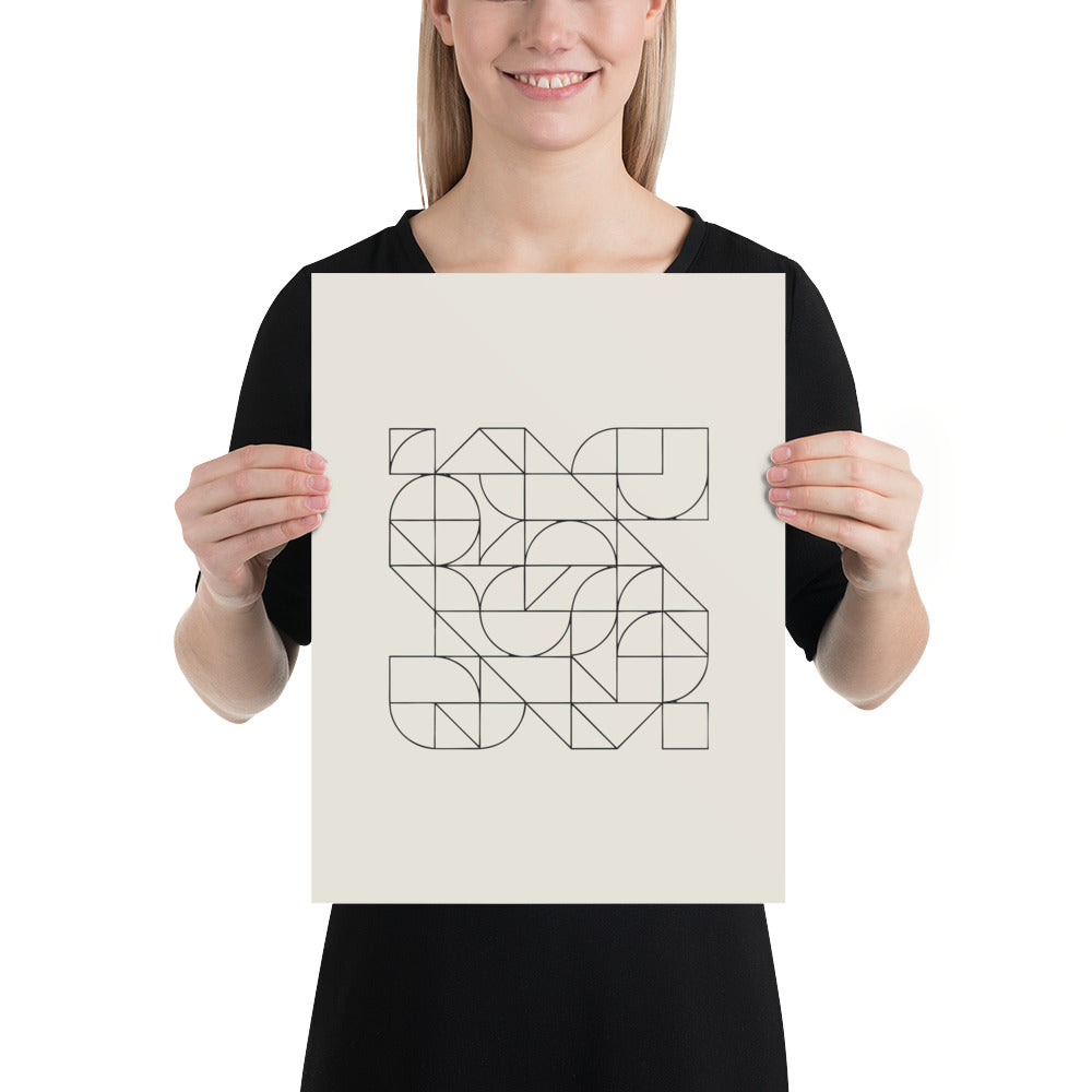 A continuous Pythagorean tiling pattern of alternating small and large squares in hairline strokes printed on an art print. 12″×16″ size.