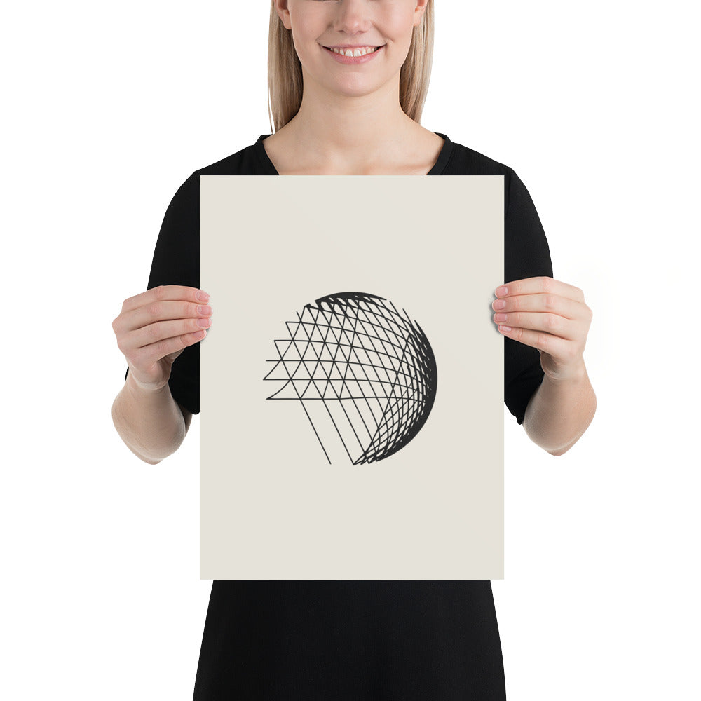 An abstract hyperbolic cylinder printed on an art print, constructed from intersecting straight vector lines. 12″×16″ size.