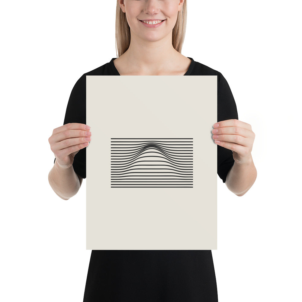 A geometric graphic of parallel horizontal lines bending upward in the center to form a Gaussian bell curve on an art print. 12″×16″ size.